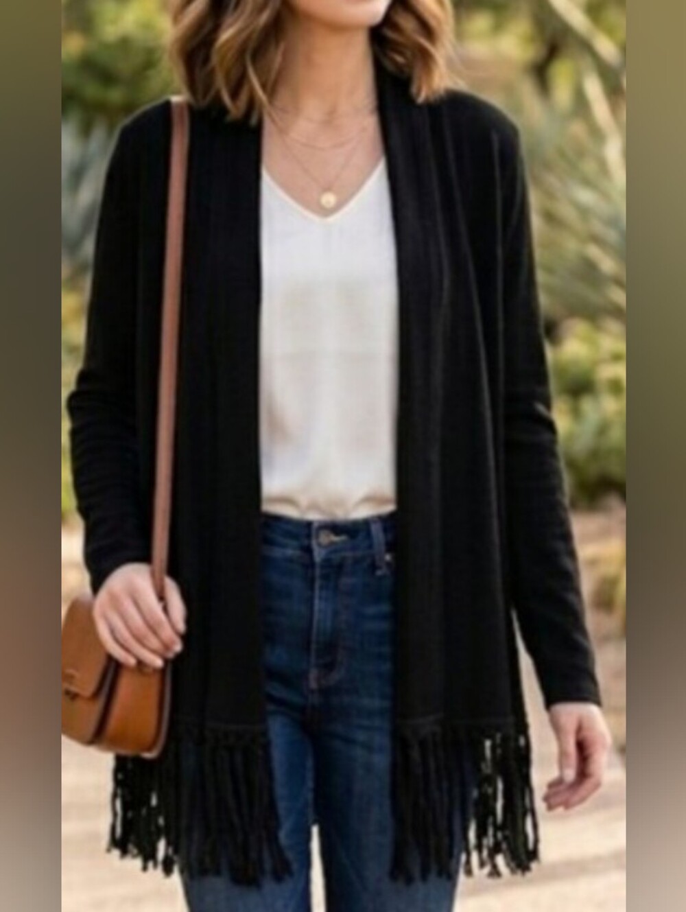 Black Women's Fringe Open-Front Sweater Cardigan
